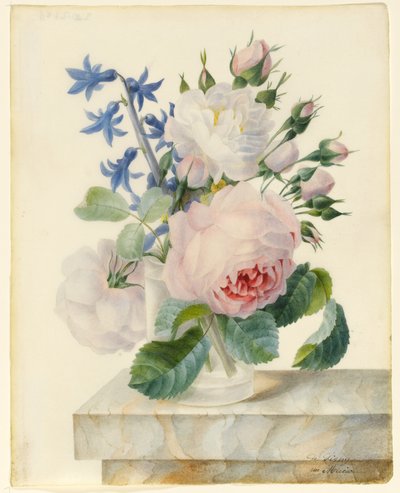 Vase Containing a Centifolia and an Alba Rose, with Buds and a Hyacinth on a Marble Parapet by Madame de Ligny